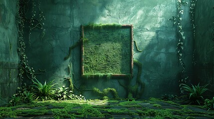 A green stone wall with a large green square in the middle