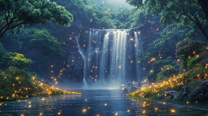 an incredibly beautiful waterfall in a green forest where there are many fireflies that give this place a special magic and fabulousness