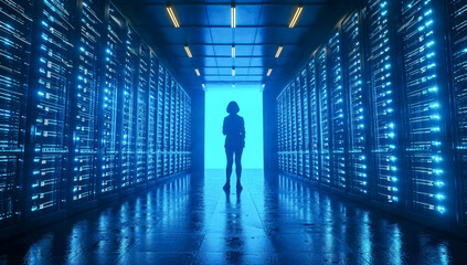 silhouette Woman standing in the middle of a server room with blue lights, cinematic scenes. - obrazy, fototapety, plakaty