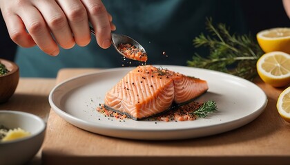 A person seasoning a fillet of salmon food photography recipe idea