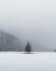 Fototapeta na wymiar Serene Winter Landscape with Lone Tree by Water. Illustration of Winter Tranquility. Generative AI. 