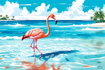 flamingo in water, Transport yourself to the serene beauty of a tropical beach with an AI-generated illustration featuring a majestic flamingo gracefully walking against a backdrop of azure blue sky a