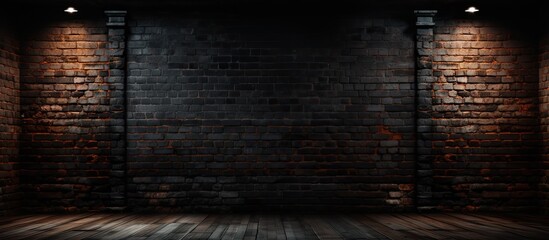 A room characterized by dim lighting, brick walls, and wooden flooring