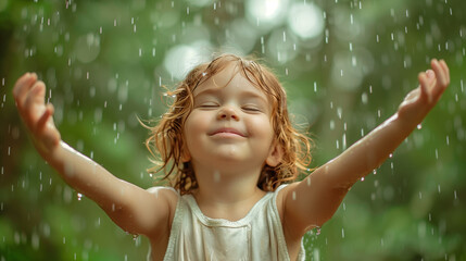 a child who raises his hands and catches the rain with his palms, the emotion of pleasure and enjoyment of the moment of life is on his face