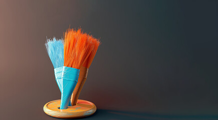 Two brushes are on a blue plate. The plate is on a brown background. brush and colours. Banner in a Orange background. Copy space
