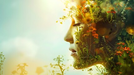 Mother earth day concept with double exposure of earth and female head. - obrazy, fototapety, plakaty