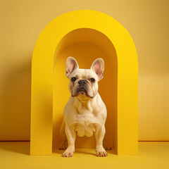 a cream colour french bull dog standing under a yellow arch room 