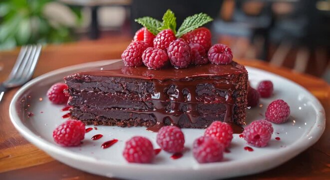 Flourless chocolate torte, raspberry sauce