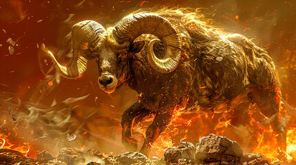 In a Aries world dynamic landscapes morph to reflect the rams fiery and pioneering spirit with interactive elements that challenge explorers - obrazy, fototapety, plakaty