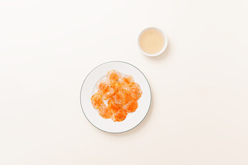 Banh bot loc, Chewy tapioca starch dumplings with shrimp , Vietnamese food isolated on white background, top view