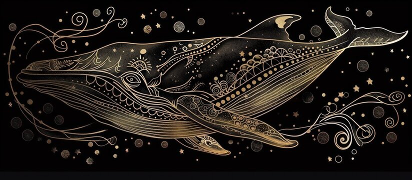 whale sea animal in zen boho style gold color dark background