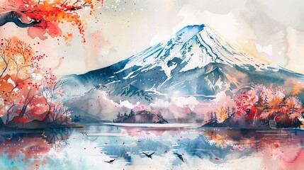 A watercolor painting depicting a majestic mountain towering over a serene lake in the foreground. The artist has captured the beauty of nature with vibrant colors and precise details.