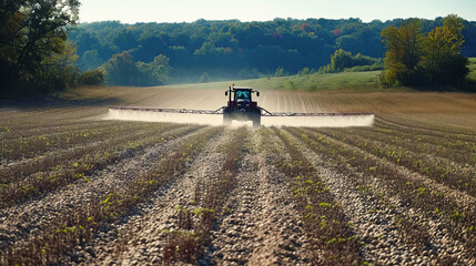 An agricultural tractor sprays a field. Agronomy, farming. - 764163373