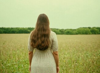  A woman in a dress with long hair standing in a field and looking into the distance. Back view.
