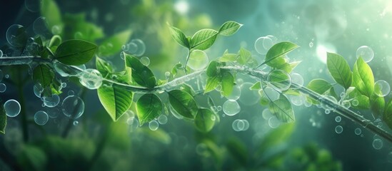 Capture a detailed view of a tree branch adorned with small water droplets glistening under the light - Powered by Adobe