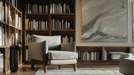 Fototapeta na wymiar Cozy Grey Armchair in Minimalist Living Room Low Angle View