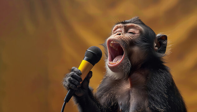 A monkey is singing into a microphone. The monkey is making a loud noise. Monkey singing with banana microphone. a positive mood