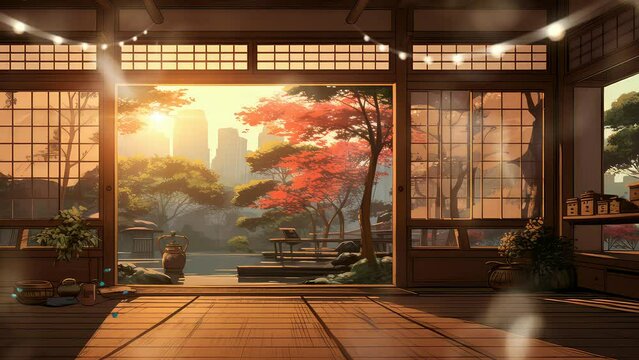 Animation interior of japanese house with large windows and beautiful outdoor views seamless 4k video background. generated with ai