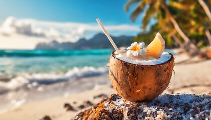Refreshing summer drinks on a tropical beach table with coconut and orange cocktail on a serene ocean background, encapsulating the essence of relaxation and joy of vacation, copy space
 - obrazy, fototapety, plakaty