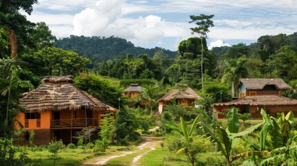 Fototapeta na wymiar Group of Huts in Middle of Jungle