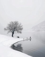 Serene Winter Landscape with Lone Tree by Water. Illustration of Winter Tranquility.  Generative AI.

