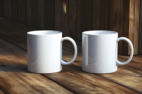 Plain white ceramic mug mockup on wooden background