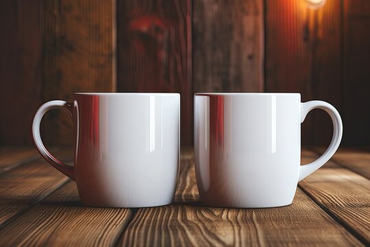 Plain white ceramic mug mockup on wooden background