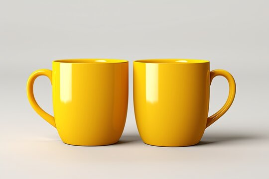 Plain blank yellow ceramic mug mockup on white background, 3d rendering
