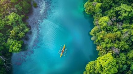 Boat Floating on River Surrounded by Forest - obrazy, fototapety, plakaty