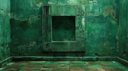 A green stone wall with a large green square in the middle