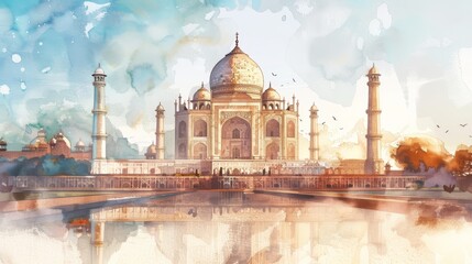 A detailed watercolor painting showcasing a majestic building with a prominent dome. The artwork captures intricate architectural details and vibrant colors, highlighting the grandeur of the structure