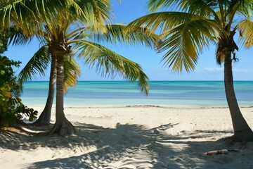 empty sunny beach with palms, white sand and blue water
