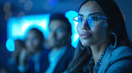 A woman wearing glasses is looking at a screen. She is the main focus of the image. The other people in the background are wearing suits and ties, suggesting that they are in a professional setting - obrazy, fototapety, plakaty
