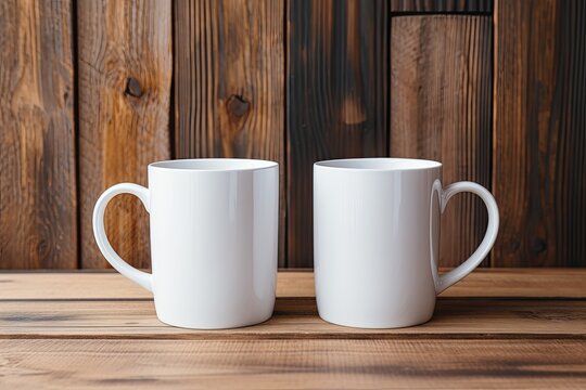 Plain white ceramic mug mockup on a white wooden background