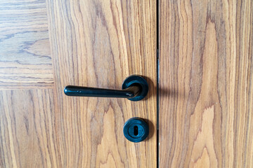 Elegance in detail. Close up of black door handle  on brown wooden background.