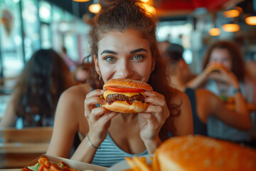 Woman enjoying fast food Eating sandwiches and hamburgers