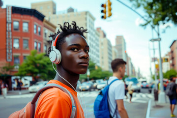 Fototapeta premium afroamerican teenage boy with wireless headphones listening to music is crossing a street.