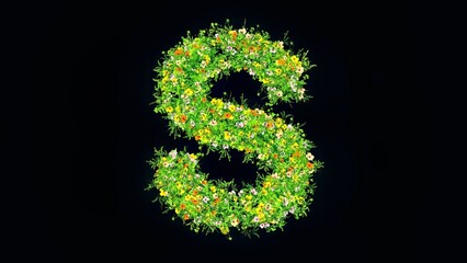 Beautiful illustration of English alphabet S with colorful flowers and green grass on plain black background
