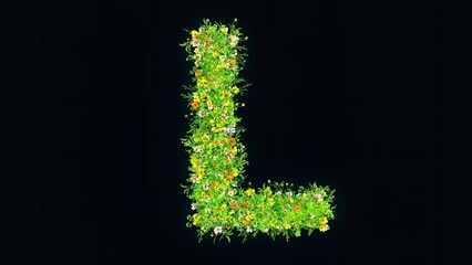Beautiful illustration of English alphabet L with colorful flowers and green grass on plain black background © Devendar