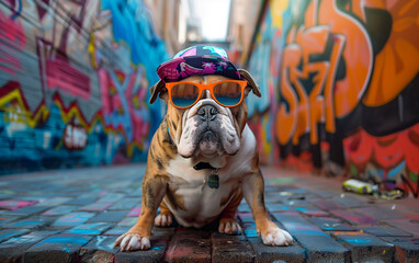 Stylish english bulldog: a colorful canine adventure by the graffiti wall - obrazy, fototapety, plakaty