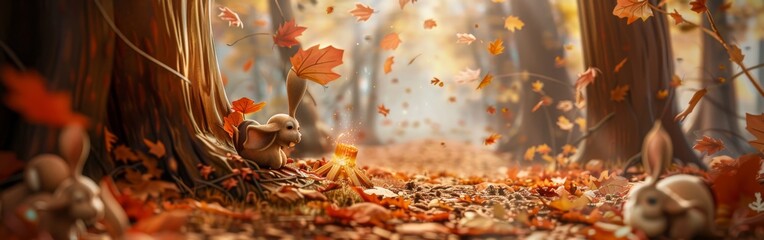 A forest filled with an abundance of leaves covering the ground, interspersed with various stuffed animals placed among the foliage. - obrazy, fototapety, plakaty
