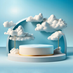 Realistic white fluffy clouds in product podium with neon circle pink cloud sky light background