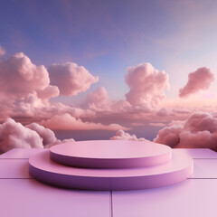 Pink podium and clouds in the blue sky, 3d rendering AI generated Pro Photo
