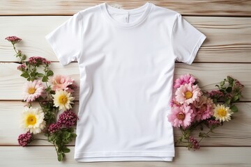 Blank white t-shirt mockup for front and back view with flower and wooden background