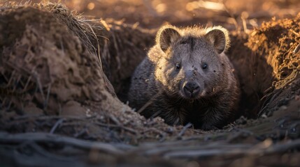 A brown bear is spotted peering out from a hole in the middle of a dense forest. The bear appears to be cautiously observing its surroundings from the safety of the opening.