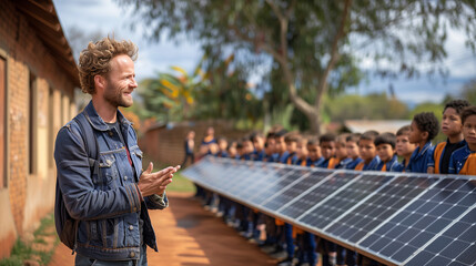 Teacher explaining the work of solar panel to students during lesson at school .