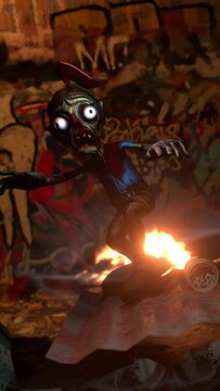 mremireh o desbiens, a zombie monster skateboarding through ruins painted with graffiti, fantasy, background for music, 3D rendering, cyclic animation