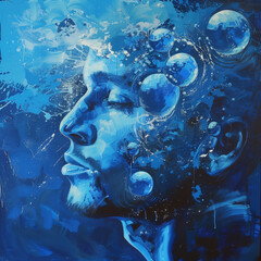 Surreal blue portrait with floating bubbles and splatters.