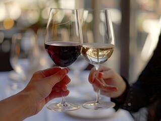 Obraz premium Friends toasting wine glasses having fun at restaurant outdoor terrace, professional photo, bright light shoot, great atmosphere