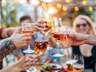 Friends toasting wine glasses having fun at restaurant outdoor terrace, close up professional photo, bright light shoot, festive atmosphere